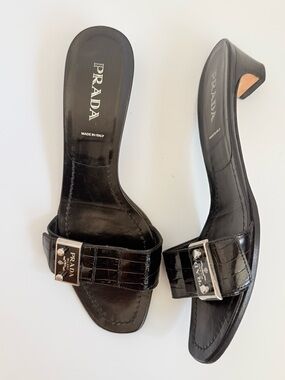 Prada Vintage Y2K Croc Embossed Leather Mule Black Logo Plaque Heels EU 38.5